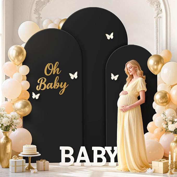 FOTSHARER Wedding Arch Backdrop Stand and Black Arch Covers Stretchy Backdrop Set of 3 (7.2FT, 6.6FT, 6FT) Metal Arched Stand with Spandex Arch Covers for Graduation Ceremony Bridal Shower Event Decor