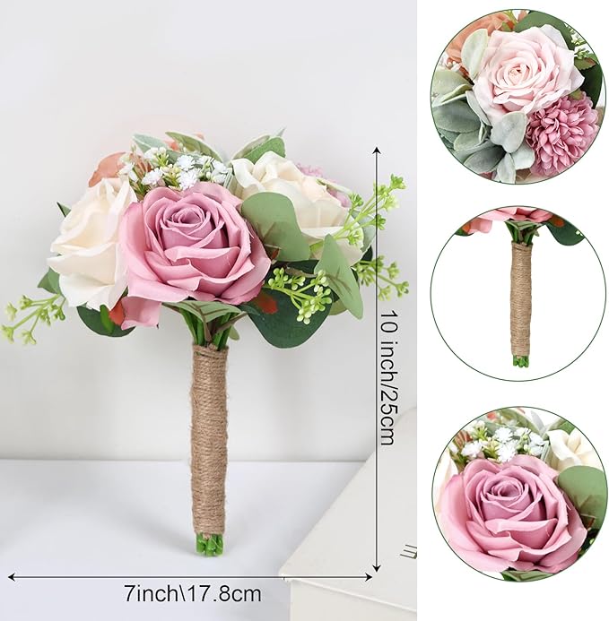 Bridesmaid Bouquets Set of 6 - Blush & Pink Artificial Flowers Bouquet for Bridesmaids Wedding Small Floral Centerpieces for Marriage Proposal Party Anniversary Dining Table Decor -7 Inch