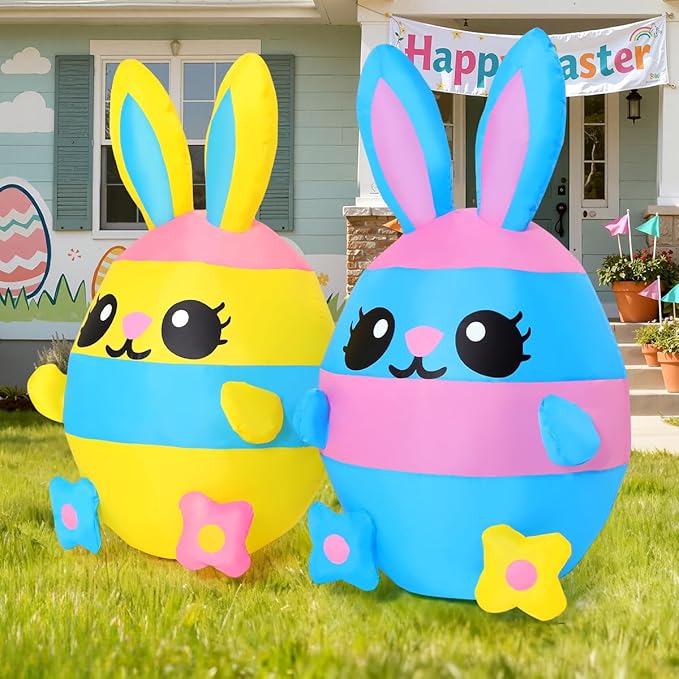 COMIN Easter Inflatables Outdoor Decorations, 4.1 FT Long Inflatables Rabbit Eggs, Built in LED Lights Easter Blow Up Yard Decorations for Indoor Outdoor Party Garden Lawn Holiday Decor
