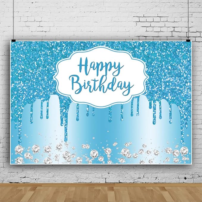 OERJU Blue Birthday Backdrop Glitter Sequin Diamonds Happy Birthday Backdrop for Women Girls Sweet 16 18th 21st 30th 40th 50th Birthday Party Decorations Background Cake Table Banner 8x6ft