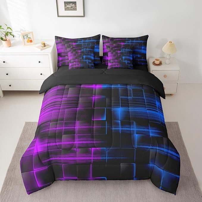 Feelyou Blue and Purple Comforter Set with Sheets 7 Piece King Size Kids Geometric Bed in a Bag Strip Lines Bedding Set Abstract Art Bed Set with Comforter, Sheets,Pillowcases,Cushion Covers
