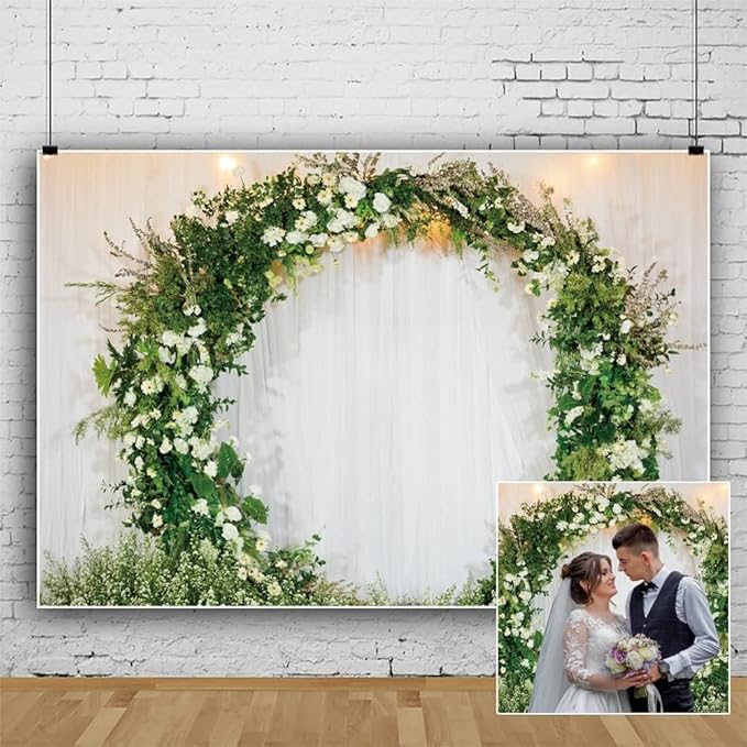 OERJU 10x7ft Romantic Wedding Backdrop 3D Arched Wreath White Curtain Bridal Floral Wall Photography Background Valentine's Day Bridal Shower Reception Ceremony Decor Banner Vinyl Wallpaper