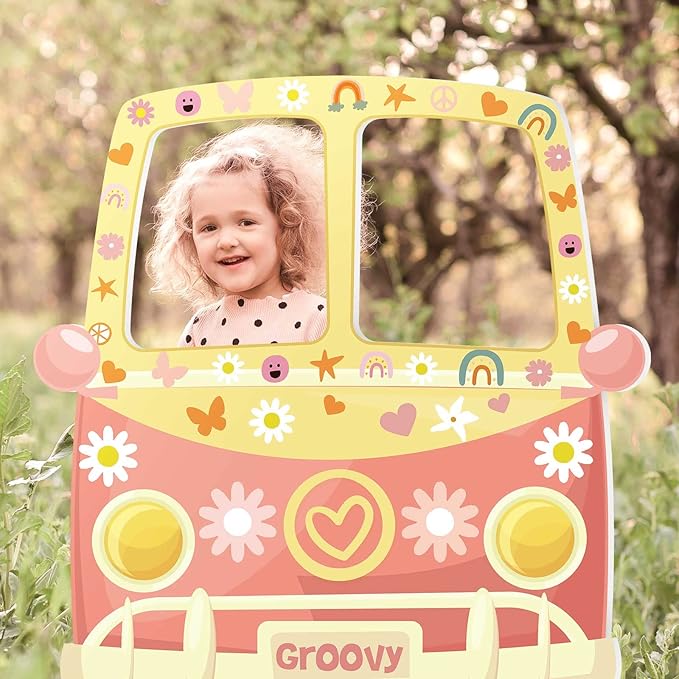 Teling Hippie Bus Photo Booth Prop 43.31 x 37.4 Inch 1960s Hippie Selfie Frame Backdrop Background Banner 60s 70s Retro Large Groovy Van Prop Party Birthday Decor Daisy Party Favor