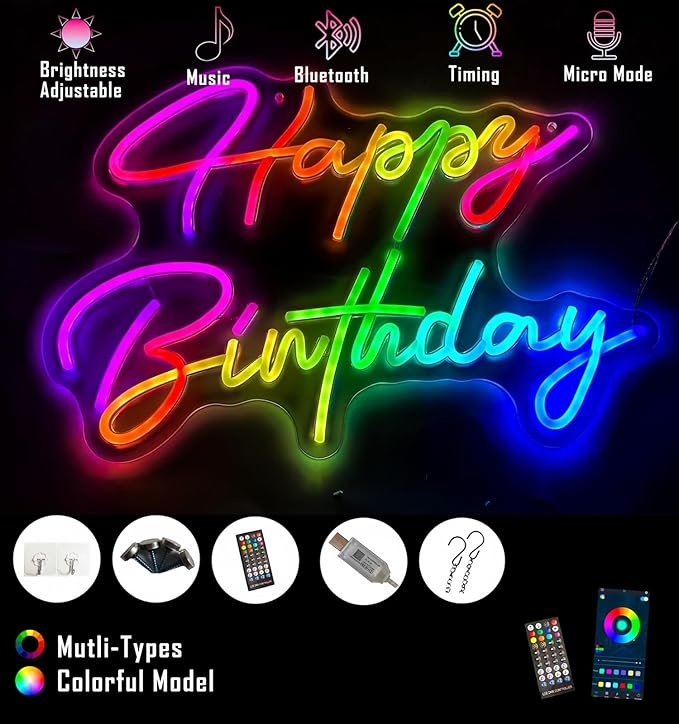 Ulalaza Smart RGB & Color Flow Effect Happy Birthday LED Neon Sign with Remote & App Control Music Sync Timer Setting LED Acrylic Light for Wall Party Décor Bedroom Bar Wedding Home Birthday USB Powered