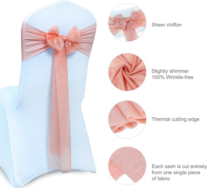 VDS Pack of 75, Peach, Sheer Chiffon Chair Sashes Bows Chair Cover Back Tie Ribbon for Wedding Birthday Baby Shower Engagement Ceremony Event Party Banquet Restaurant Dining Chair Decoration