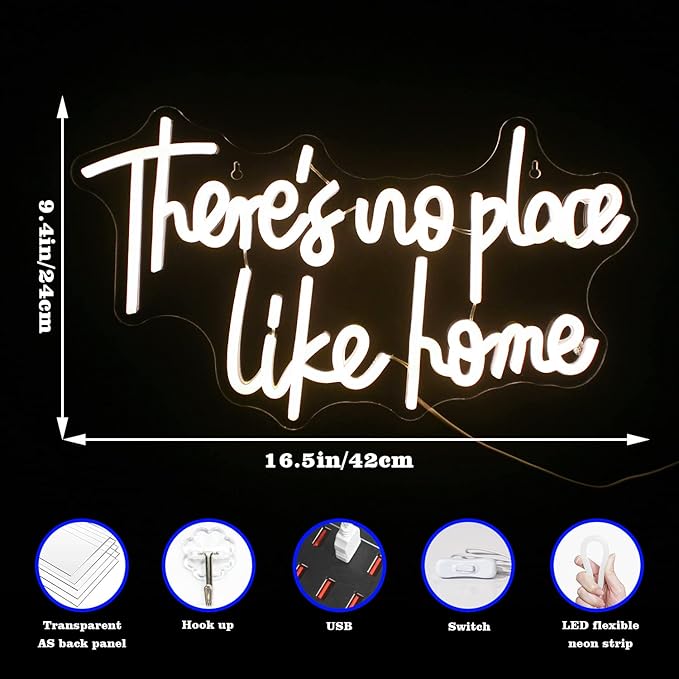 Lucunstar There‘s No Place Like Home Neon Sign For Room Warm White Led Sign USB Powered Neon Light for Wall Decor Light Up Signs for Wedding Party Bedroom Home Decor