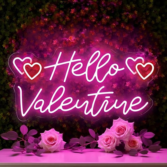 Hello Valentine Neon Sign for Wall Decor, Sweet Pink Heart LED Neon Light for Valentine’s Day Decorations, Neon Wall Art for Bedroom, Living Room & Romantic Date Night Decor 16.5"x8.5"