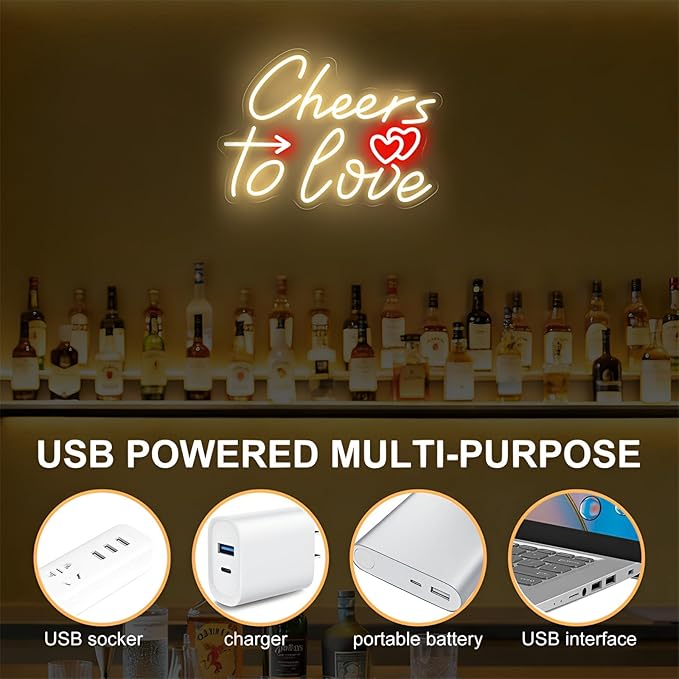 Cheers To Love Neon Sign, Warm White LED Neon Light for Wedding, Engagement Party & Anniversary, Valentine’s Day Decorations, Celebratory Wall Art for Date Night & Party Backdrop Decor 16.5"x11.8"