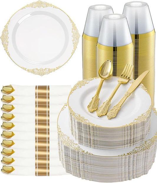 Goodluck 350 Piece Gold Plastic Dinnerware Set for 50 Guests, Fancy Disposable Plates, Include: 100 Gold Rim Plastic Plates, 150 Silverwares, 50 Pre Rolled Napkins, 50 Cups for Party, Wedding