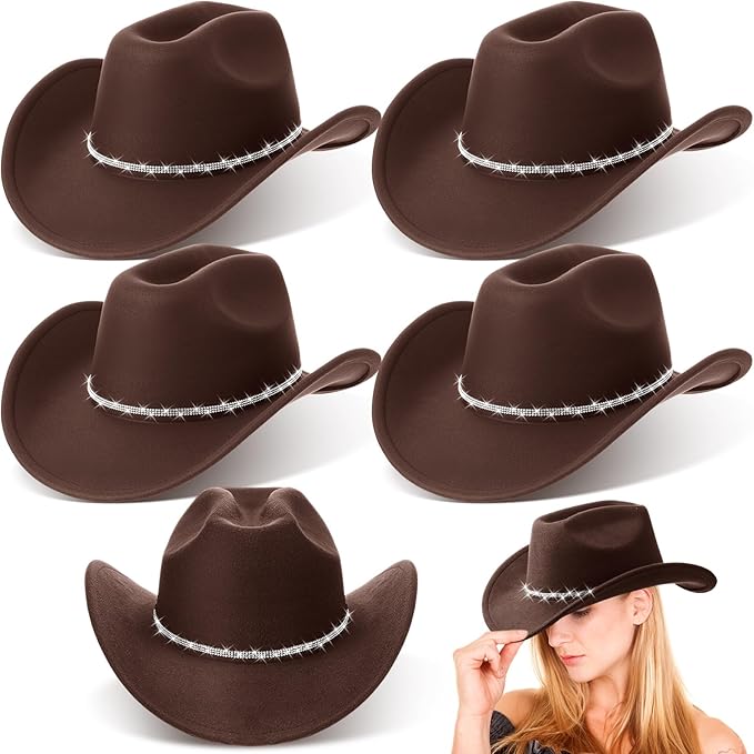 Hercicy 6 Pack Western Cowboy Hats with Rhinestone Tassel Bands Sequin Trim Sparkly Cowgirl Party Hats for Adults Women Men