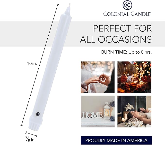 Colonial Candle Unscented Taper Candle, Classic Collection, White, 10 In, Pack of 12 - Up to 8 Hours Burn
