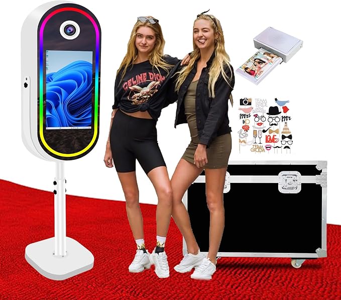 Oval Magic Mirror Photo Booth Machine with Flight Case, 21.5inch Touch Screen Built-in Mini PC for Wedding Parties (White, Printer + Photo Booth)