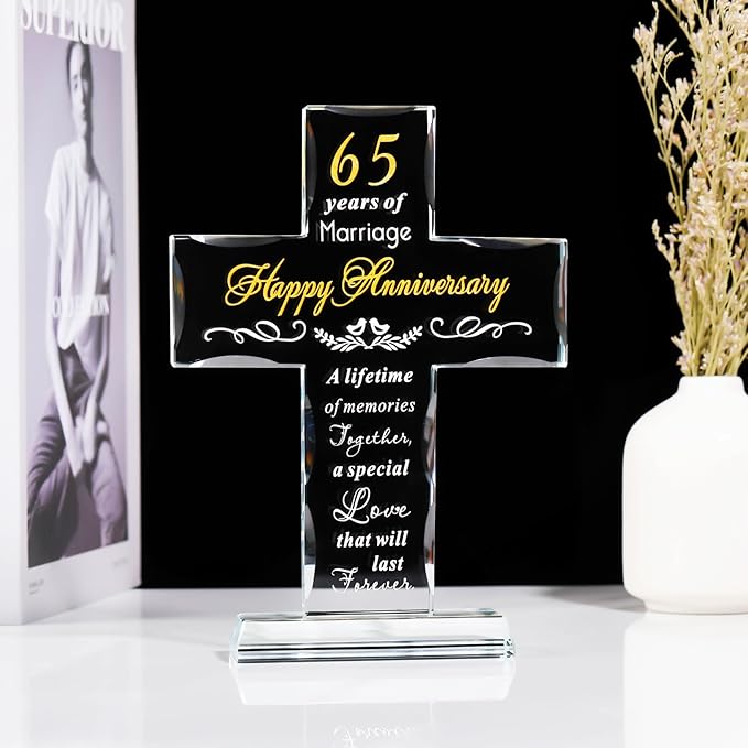 YWHL 65th Wedding Anniversary Cross Gifts for Parents Grandparents, 65th Anniversary Party Decoration, 65 Years of Marriage Glass Cross Keepsake for Couple