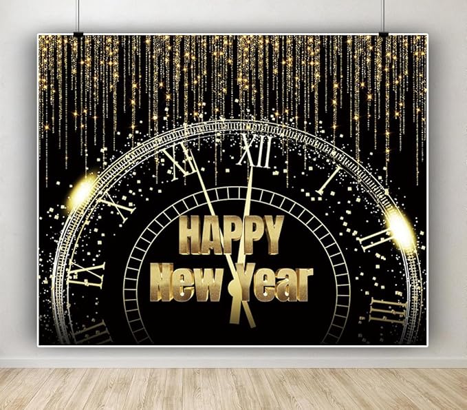 Happy New Year Backdrop 10x8ft New Years Eve Party Supplies Decor Gold Glitter 2026 Countdown Clock Background New Year Banner Family Portraits Decorations Christmas Photo Backdrop