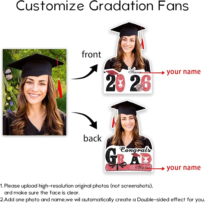 Personalized Graduation Face Fan 2026 Grade Custom Double Sided Face Cutout Fan with Handle Photo Booth Prop Party Supplies(B-Rose Gold Pink,24pcs)