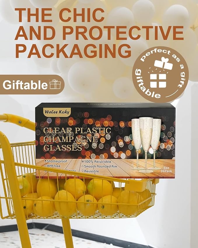 Plastic Champagne Flutes, 36 PCS Gold Glitter Disposable Wine Glasses Reusable Plastic Cocktail Cups for Home Daily Life Party Birthday Wedding Toasting Drinking Champagne(6 oz)