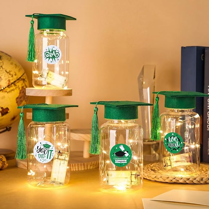 Boao 16 Sets Graduation Table Decoration Set with LED Light up Graduation Decorations for Class of 2026, Grad Jar, Felt Grad Hat and Stickers for High School College(Green)