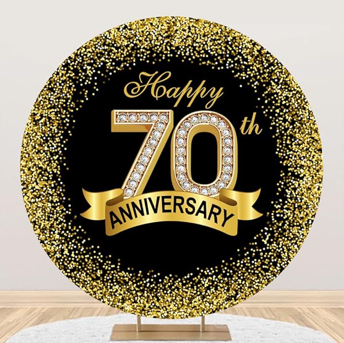 7.5x7.5ft Happy 70th Anniversary Round Backdrop Cover Black Gold Grandparents Happy 70 Years Circle Backdrop Background Luxurious Glitter Sequins Dots Diamond Ribbon Banquet Dinner Party Decor