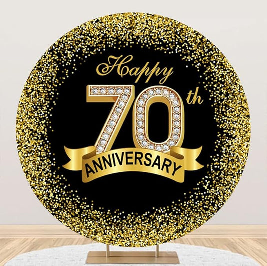 7.5x7.5ft Happy 70th Anniversary Round Backdrop Cover Black Gold Grandparents Happy 70 Years Circle Backdrop Background Luxurious Glitter Sequins Dots Diamond Ribbon Banquet Dinner Party Decor