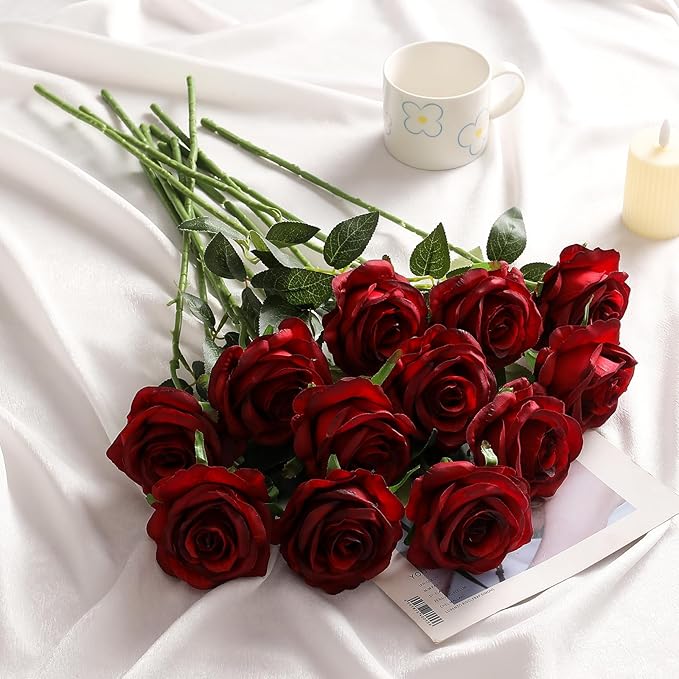 Kisflower 80 Pcs Burgundy Roses Artificial Flowers Bulk, Maroon Flowers Artificial Silk Roses with Stems for Decoration DIY Wedding Bouquet Bridal Shower Party Home Table Centerpieces Decor (Burgundy)