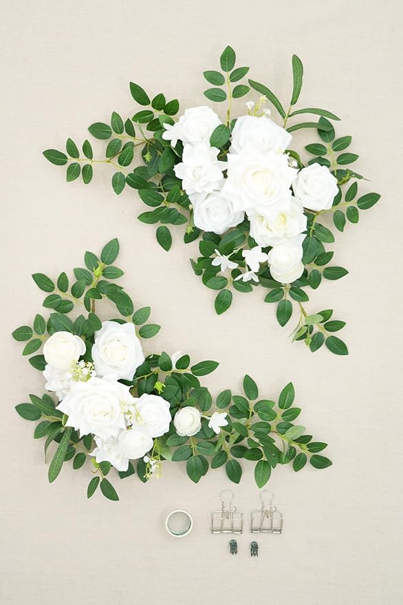 2pcs White & Green Deluxe Welcome Sign Artificial Flowers Wedding Backdrop Garland Hanging Floral Arrangements for Ceremony Reception Entryway Board Sweetheart Table