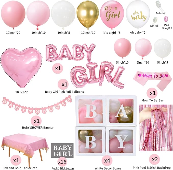 Baby Shower Decoration For Girl Pink Gold Balloons And It's A Girl Party Supplies Complete Set