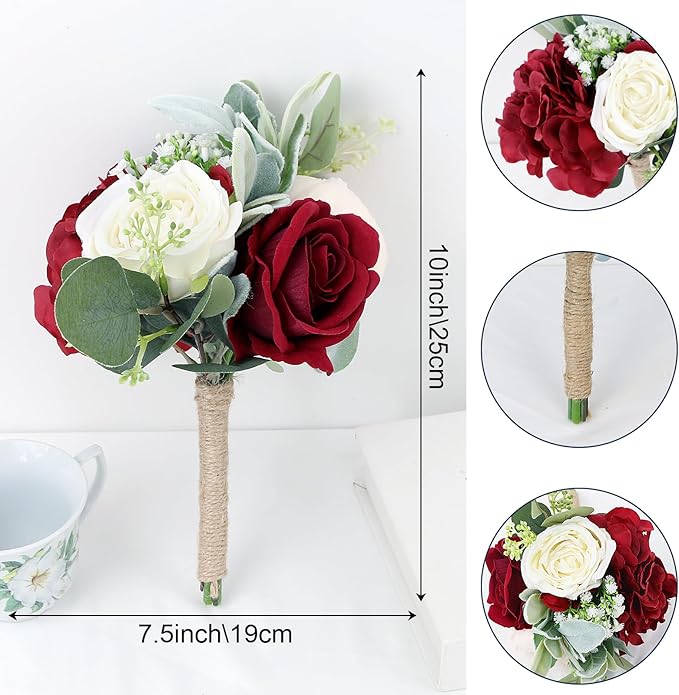 Artificial Flowers Bridesmaids Bouquets Set of 6 - Burgundy and White Bridesmaid Bouquet Handmade Small Silk Rose Floral Bouquet for Wedding Bridal Shower Anniversary Marriage Proposal -7 Inch