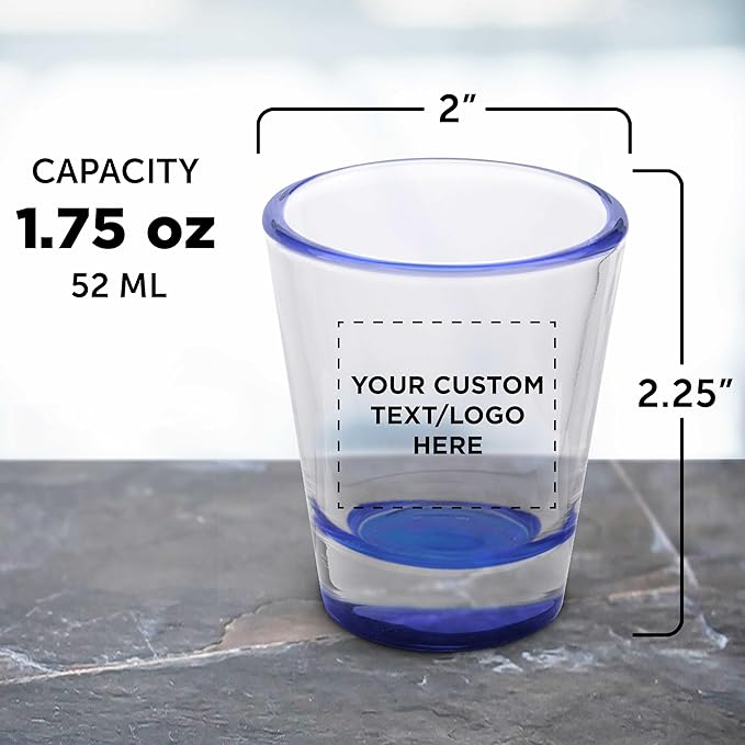 DISCOUNT PROMOS Custom Shot Glasses 1.75 oz. Set of 10/50/100, Personalized Bulk Pack - Great for Wedding Favors, Bachelorette Decorations, Party Favors - Blue Bottom Color