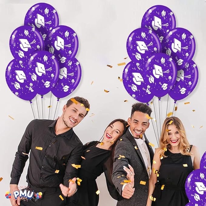 PMU 100 Pcs Purple Graduation Balloons Class of 2025 with All-Over Print White Grad Caps-Confetti and Streamers | Graduation Party Supplies | Congratulations Grad Latex Balloons Latex