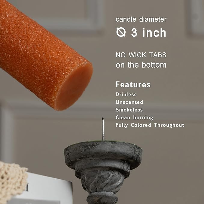 MOZEAL Hand-Poured Granular Texture Decorative Burnt Orange Pillar Candles Set of 3 (3"x4", 5", 6"), Dripless, Unscented, Smokeless, for Fall Fireplace, Thanksgiving Table & Autumn Décor