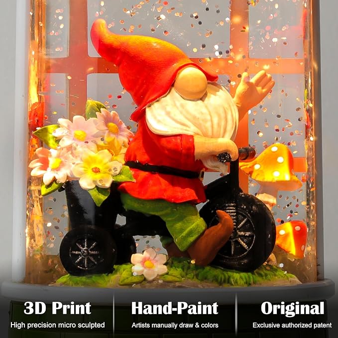 Spring Snow Globe Lantern Easter Decorations for Home with Timer Swirling Glitter, Lighted Indoor Decor Gifts with Gnome, USB or Battery Operated