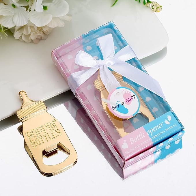 24Pack Baby Bottle Openers for Baby Shower Favors Gifts, Boy or Girl Gender Reveal Party Favors,Poppin Bottles Openers with Gifts Box used for Guests Gender Reveal Party Favors Souvenir Return Gift