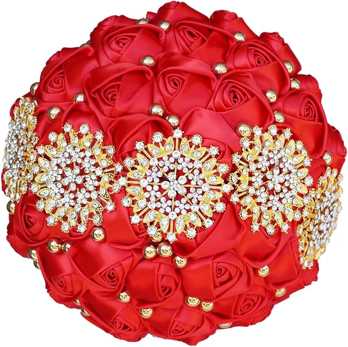 Red Bridal Wedding Bouquet with Luxury Gold Rhinestone Brooch Pearls Bouquet for Bride Bridesmaid Quinceanera Satin Rose Flower Bouquet Wedding Red 7.1in
