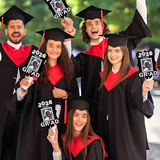 Personalized Graduation Double Sided Face Fan Class of 2026 Customized Graduation Head Face Cutout with Handle Fun Photo Prop Supplies(A-Black and Silver,24pcs)