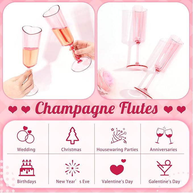 10 Pcs Galentines Day Party Supply Pink Champagne Flutes 6 oz Valentines Day Heart Shaped Champagne Flutes Acrylic Wine Cups for Valentines Galentines Bachelorette Wedding Bridal Shower