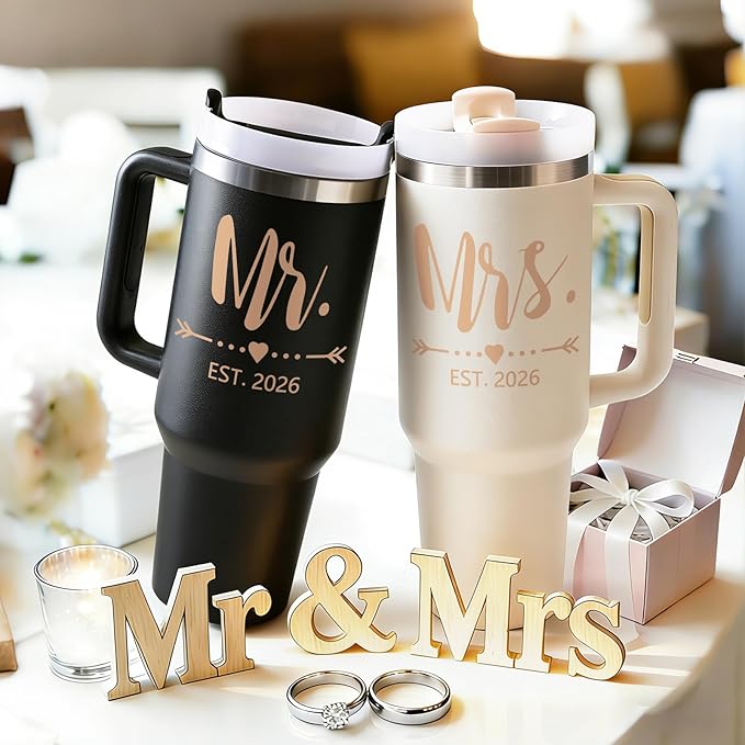 Qtencas Wedding Gifts for Couples 2026, Mr and Mrs Gifts 2026 Tumblers Set, Engagement Anniversary Wedding Gift for Newlyweds, Mr and Mrs Gift (Black & Beige)