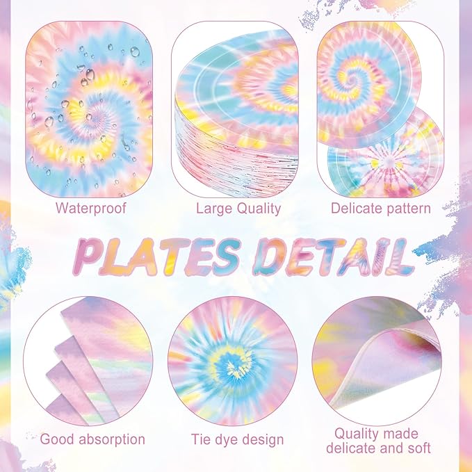 Pickmesh 400 Pcs Tie Dye Party Supplies Set Pastel Include Disposable Paper Plates Napkins Cups Cutlery for Men Women Colorful Dinnerware for Hippie Baby Shower Birthday Party Decorations Serve 50