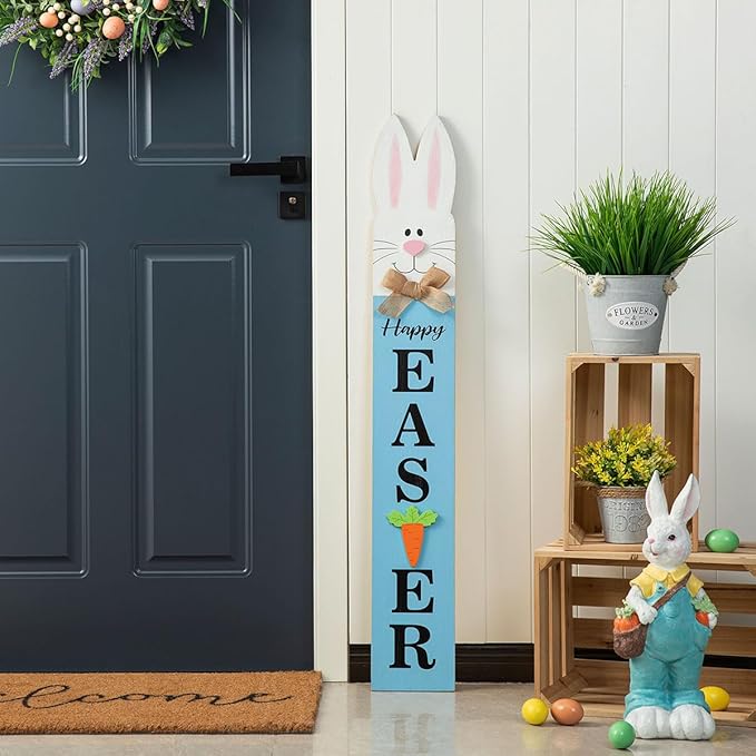Glitzhome 42"H Wooden Double-Sided Easter Welcome Porch Sign with Bunny Ears Vertical Welcome Porch Décor Hanging Signs for Front Door or Indoor Home Decor