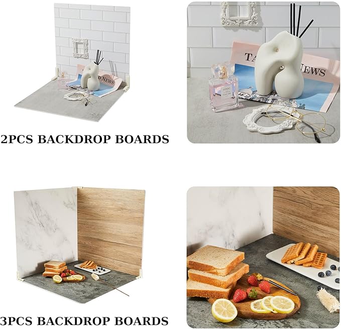 5PCS Double Sided 10 Patterns Photography Backdrop Boards, 16x16 Inch Waterproof Background Surface with 4 Brackets, Cement Marble Wood Brick Texture Backdrop for Food Jewelry Shooting