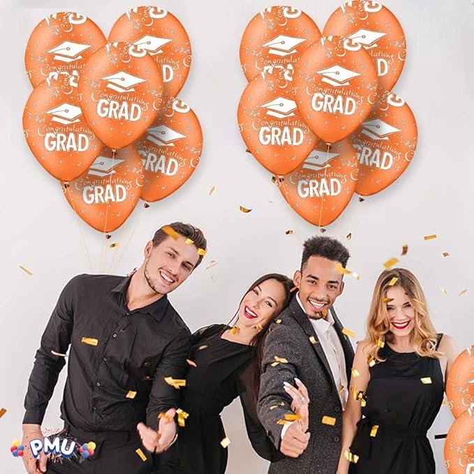 PMU 100 Pcs Orange Graduation Balloons Class of 2025 with All-Over Print White Grad Caps-Confetti and Streamers | Graduation Party Supplies | Congratulations Grad Latex Balloons Latex