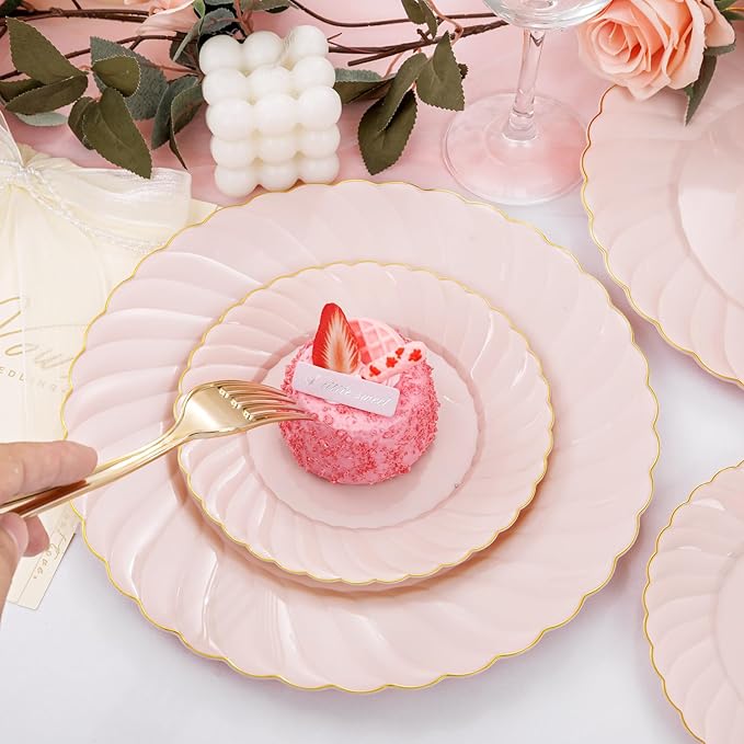 YOUBET 125Pcs Pink Plastic Plates with Gold Rim - Scalloped Plastic Plates Set Includes 25 Dinner, 25 Dessert Plate, 75 Gold Silverware for 25Geusts for Wedding Birthday Parties Baby Shower Valentines