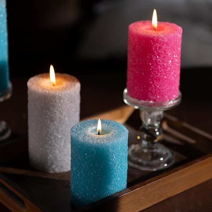 MOZEAL Hand-Poured Granular Texture Decorative Turquoise Pillar Candles Set of 3 (3"x4", 5", 6"), Dripless, Unscented, Smokeless, for Coastal Style, Summer Patio & Boho Beach House Décor