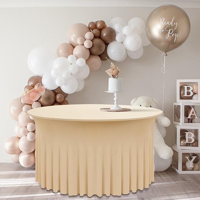 4 Pack Champagne Spandex Round Tablecloths for 60inch Tables,120inch Stretch Fitted 5ft Table Cloth,Wrinkle Free Rund Table Covers with Skirt for Banquet Wedding Birthday Parties