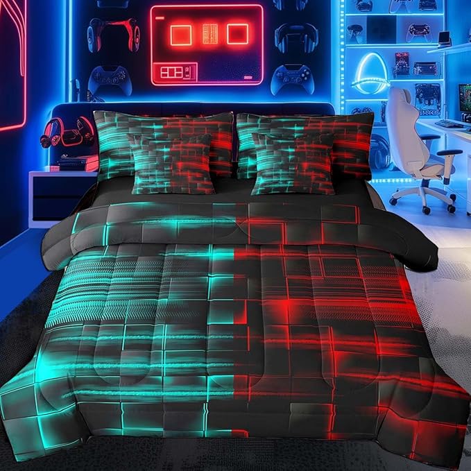 Feelyou Red and Blue Comforter Set with Sheets 7 Piece Queen Size Kids Geometric Bed in a Bag Strip Lines Bedding Set Abstract Art Bed Set with Comforter, Sheets,Pillowcases,Cushion Covers