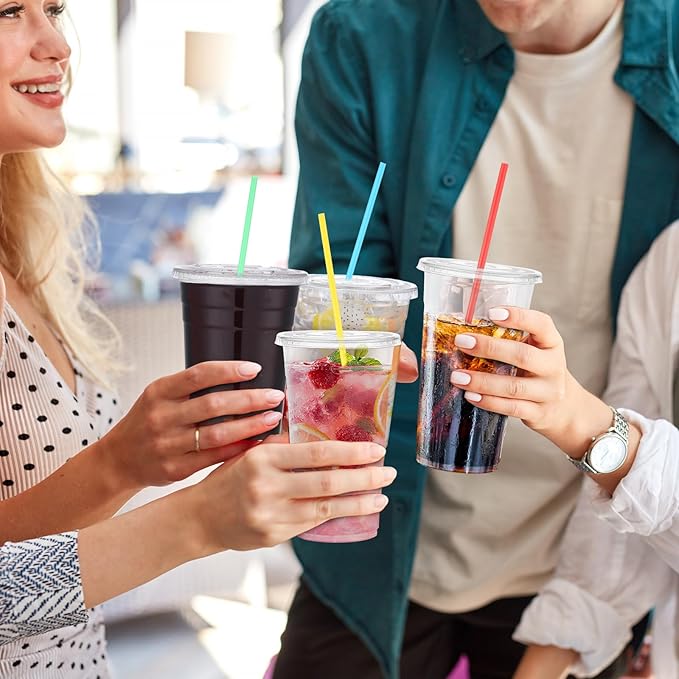 Hushee 500 Sets 32 oz Clear Plastic Cups with Lids and Individually Wrapped Straws Disposable PET Cups for Iced Coffee Cold Drinks Smoothie Juice Parfait Milkshake Parties