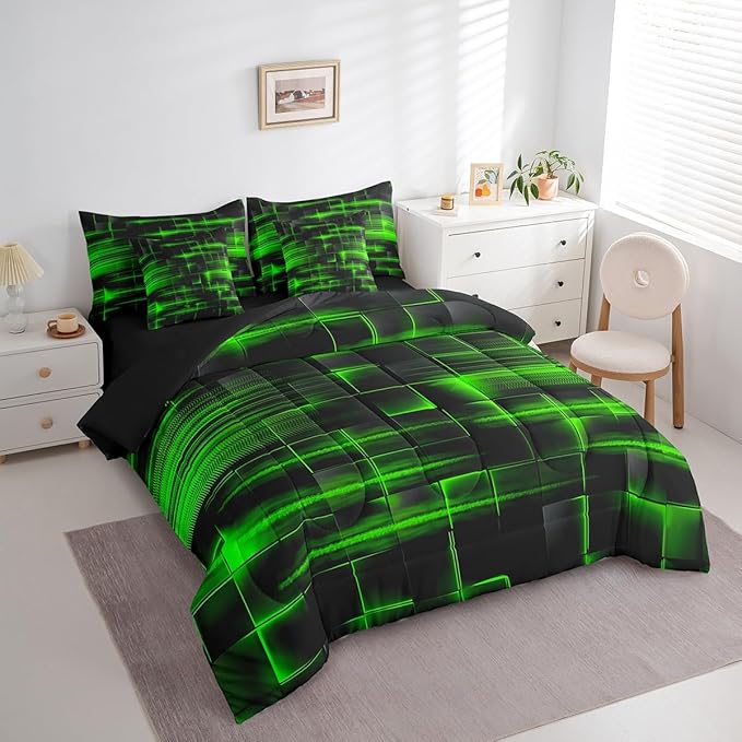 Feelyou Green Black Bedding Set Full Size Boys Girls Geometric Strip Lines Comforter Set with Sheets 7 Piece for Bed in a Bag Abstract Modern Bed Set with Comforter,Sheets,Pillowcases