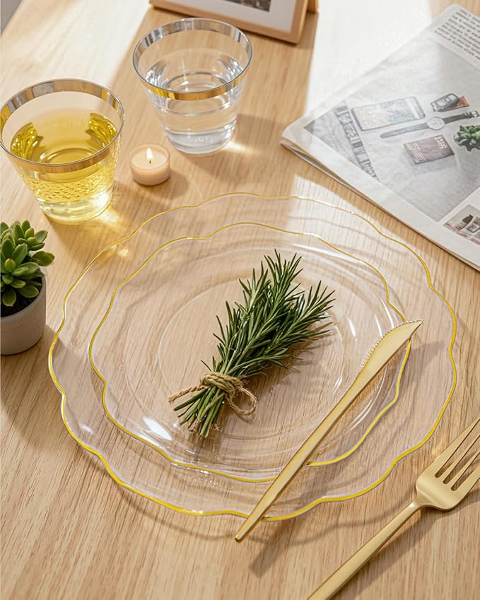bUCLA 180PCS Clear Plastic Plates with Gold Trim - Clear Gold Plastic Dinnerware Include 30 Dinner & Dessert Plates, 30 Knives, 30 Forks, 30 Spoons and 30 Cups for Party