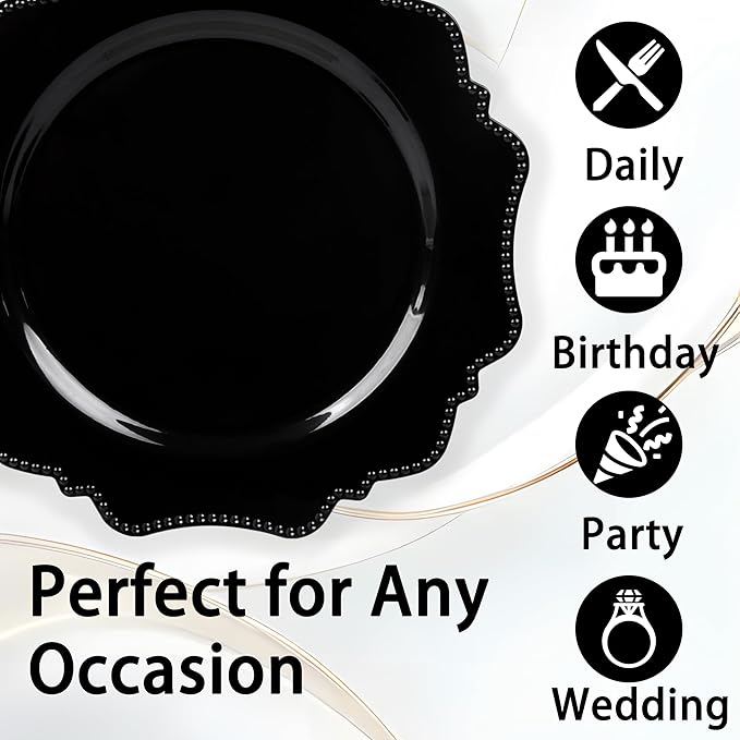 COLOSUS 100pcs Black Plastic Party Dinner Plates - 9.5 Inch- Heavy Duty Disposable Plastic Dinner Plates for Party Wedding and Everyday Use
