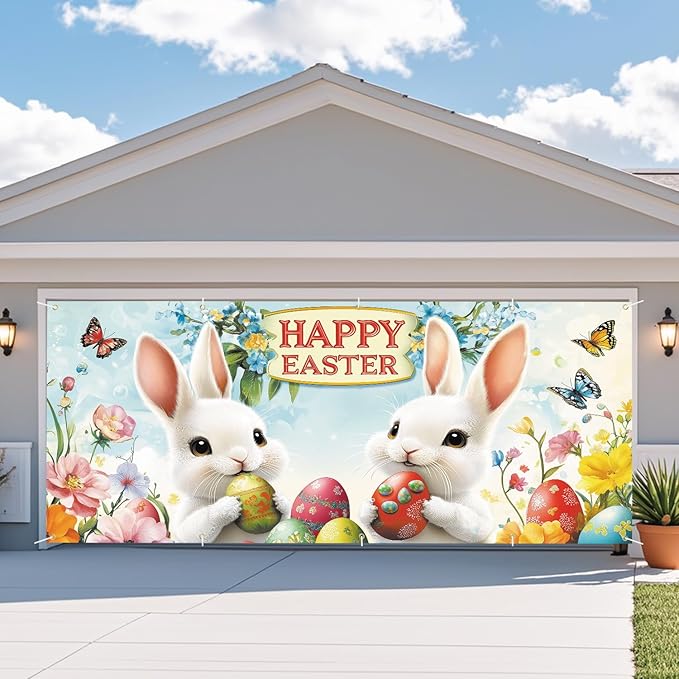 Happy Easter Garage Door Banner 7x16FT, Cute Bunny & Easter Eggs Garage Door Cover, Outdoor Spring Holiday Decoration for Garage, Front Yard, and Parties