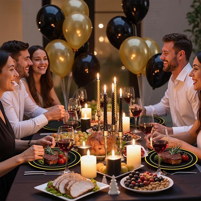 WDF 300PCS Black and Gold Plates - Black Plastic Plates for Party - 50guest Disposable Dinnerware Sets for Party/Wedding/New Year